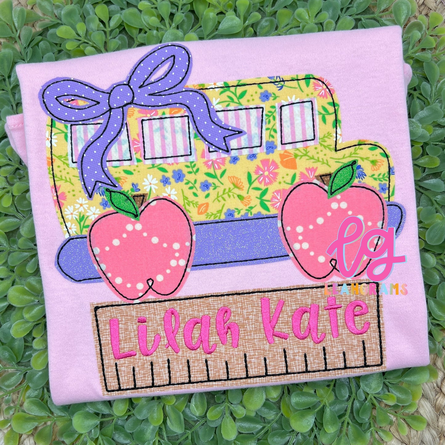 Apple Wheel School Bus with Ruler Name Shirt - Girl