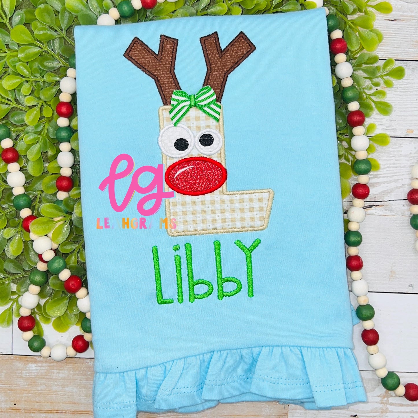 Reindeer-Decorated Letter with Name Applique Shirt