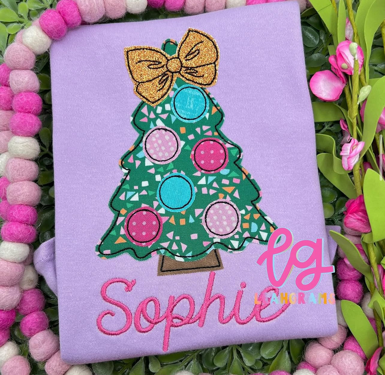 Small-Bow Christmas Tree with Name Applique Shirt