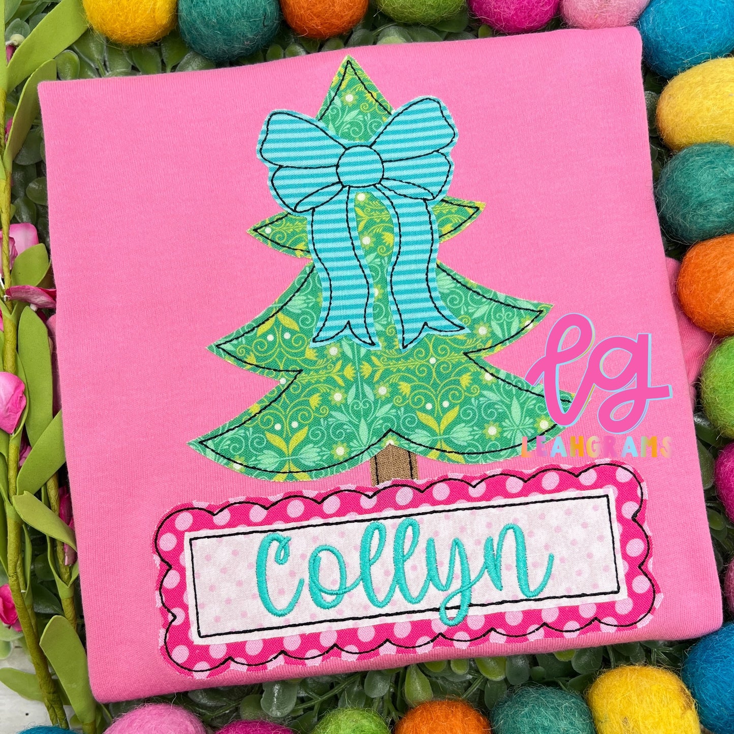 Fancy Bow Christmas Tree with Name Applique Shirt