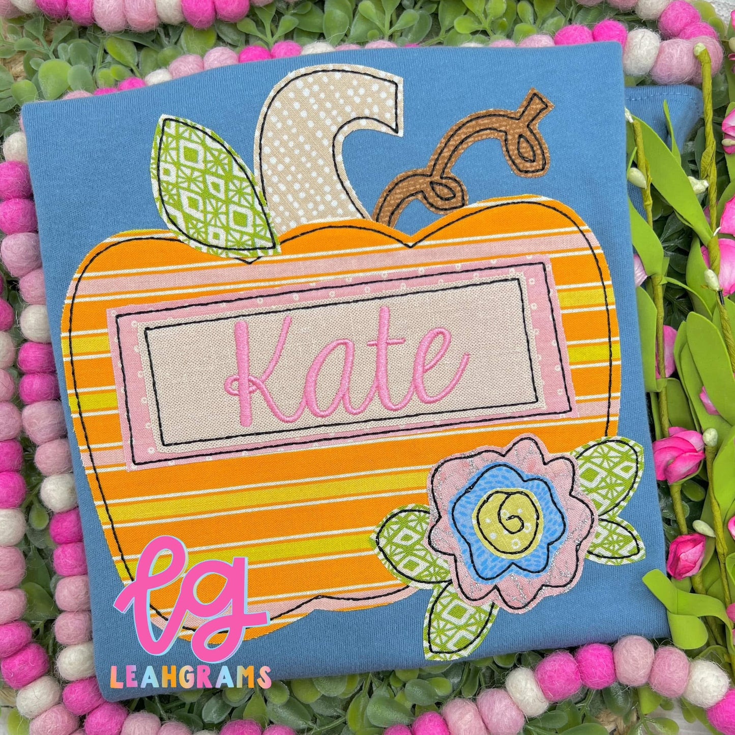 Floral Pumpkin with Ribbon Name Appliqué Shirt