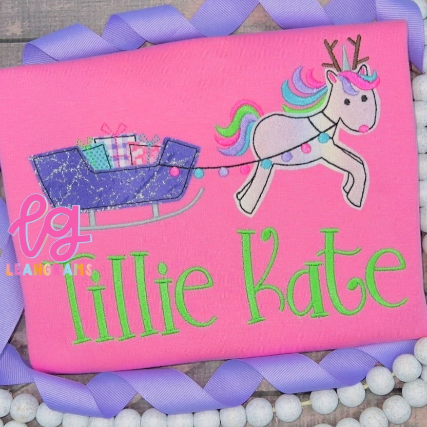 Unicorn-Pulled Sleigh with Name Applique Shirt