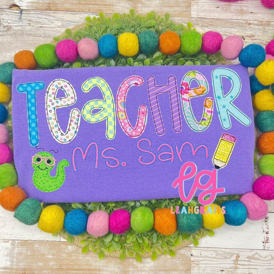 *Custom Name* Teacher Bookworm and Pencil Clipart Applique Shirt