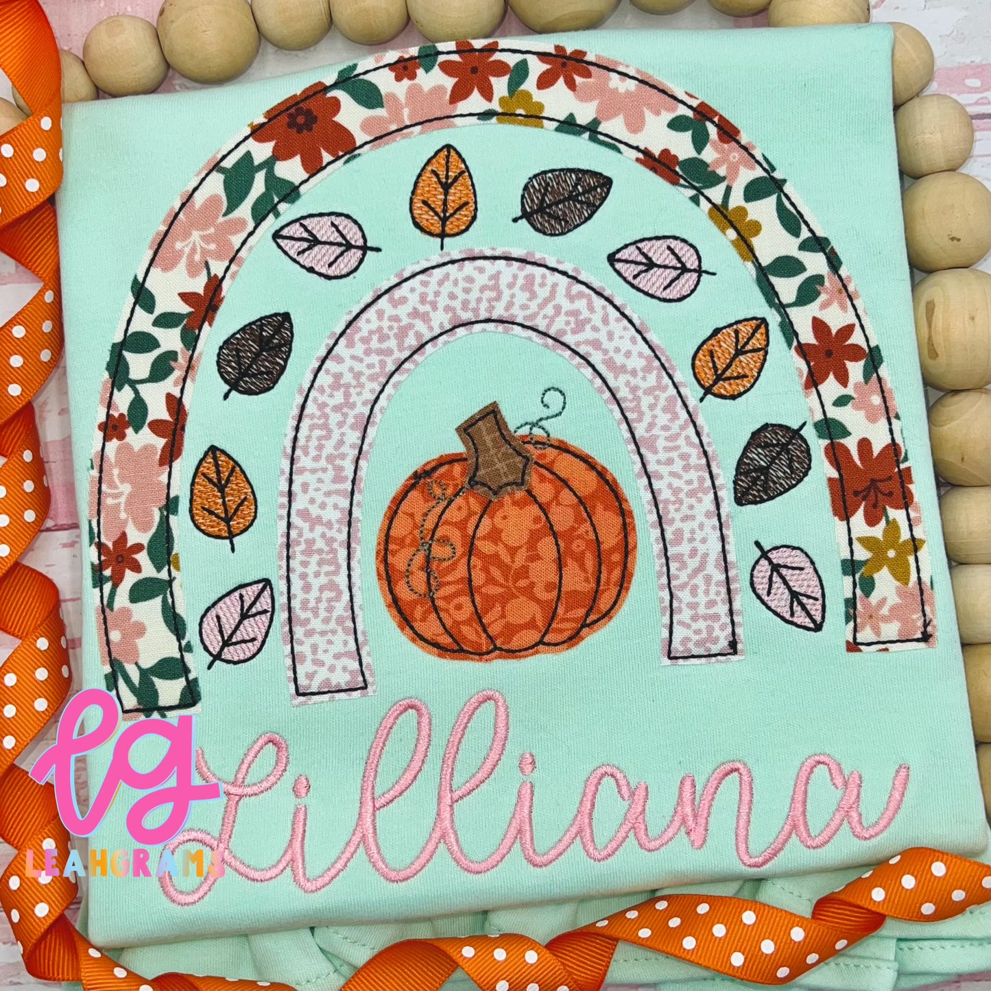 Fall Rainbow with Pumpkin and Leaves Appliqué Shirt