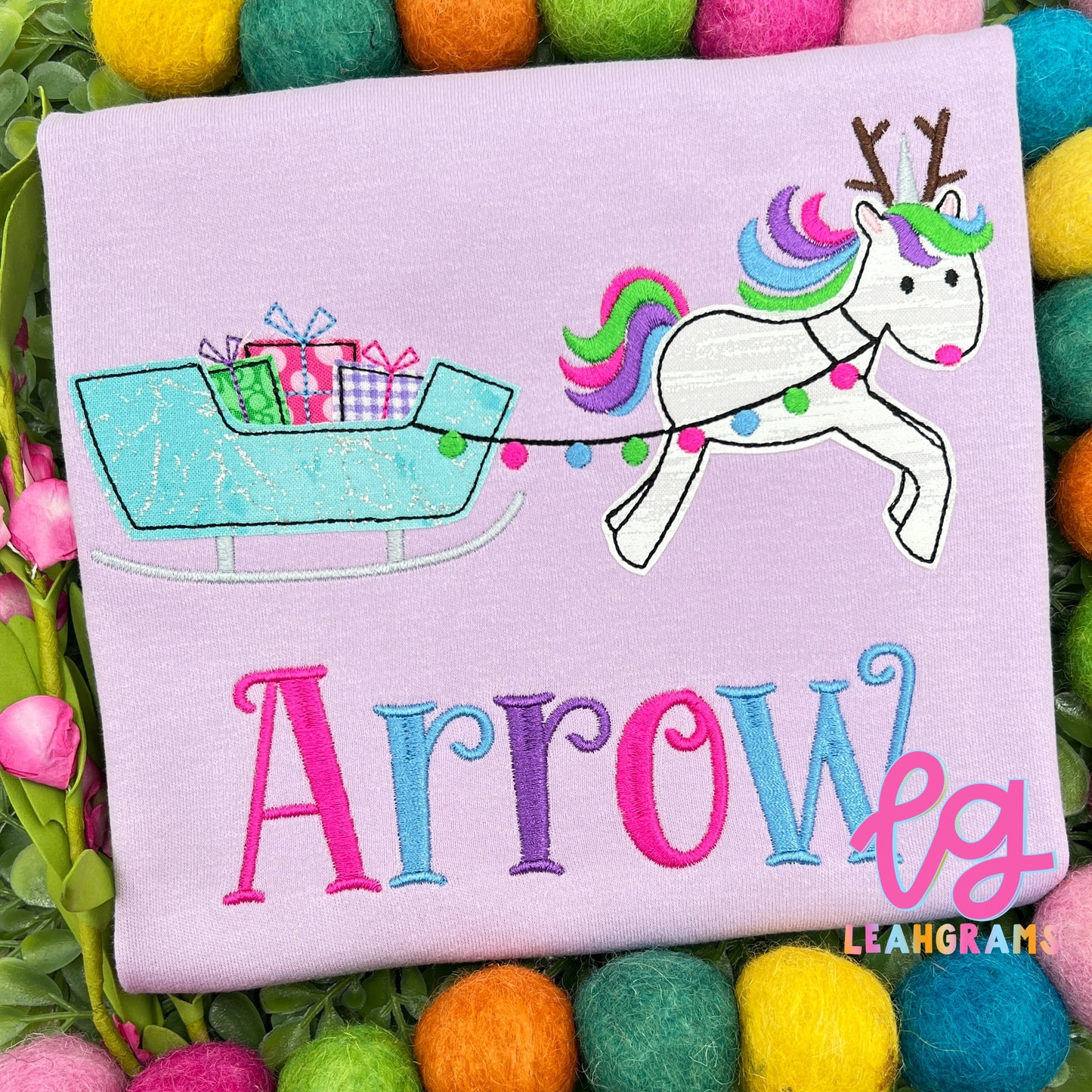 Unicorn-Pulled Sleigh with Name Applique Shirt