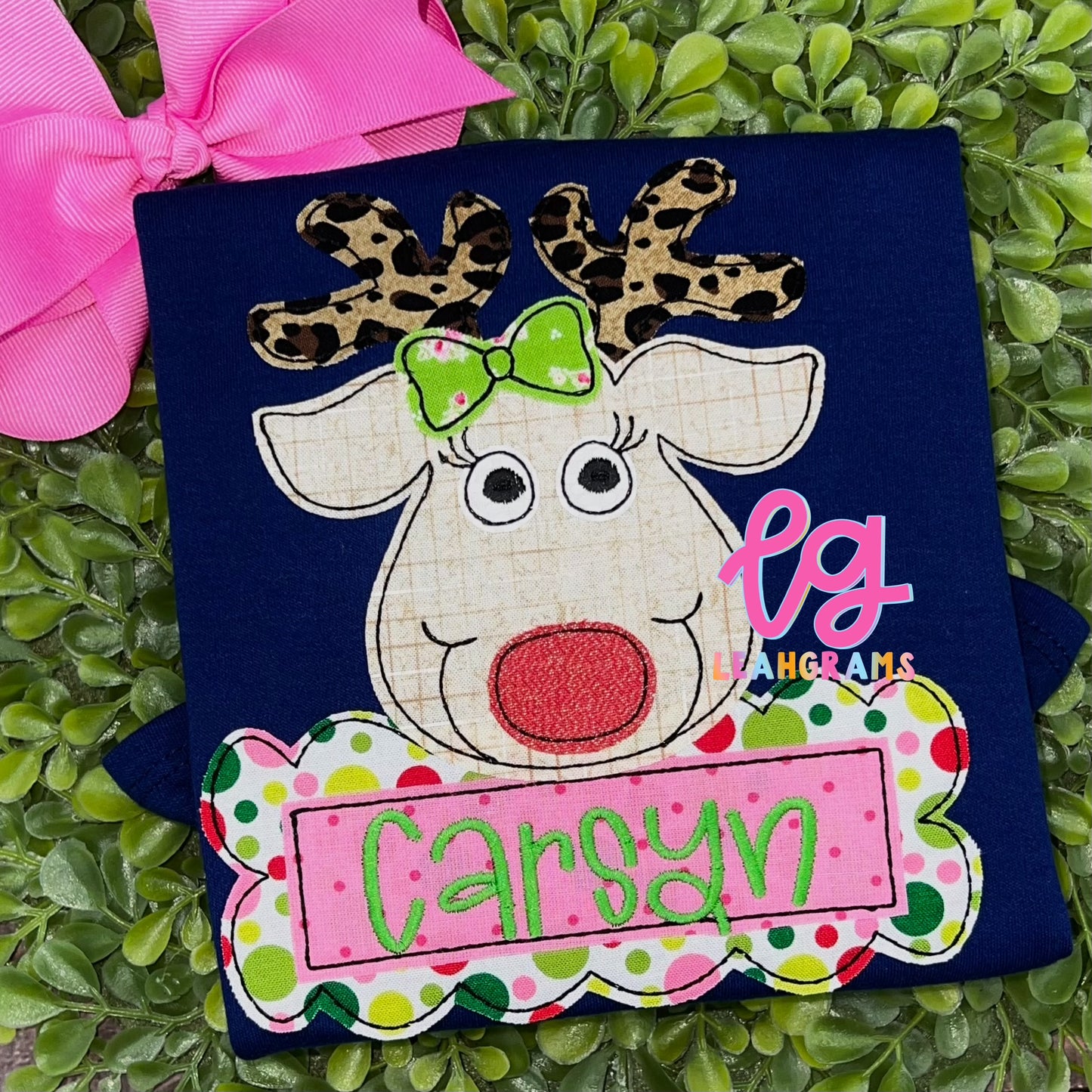 Ribbon Name Reindeer Applique Shirt - Girl