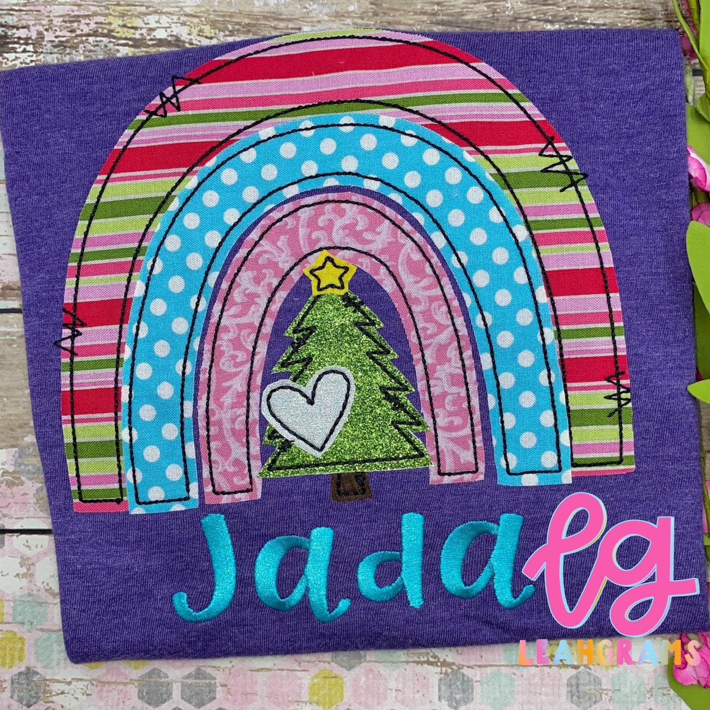 Rainbow Christmas Tree with Heart Applique Shirt