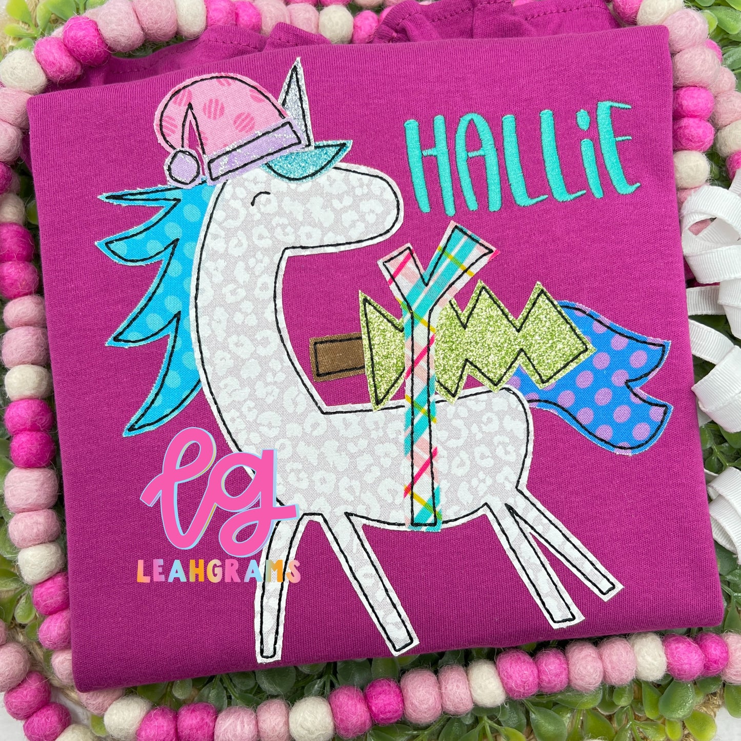 Unicorn Haulin’ a Christmas Tree Applique Shirt