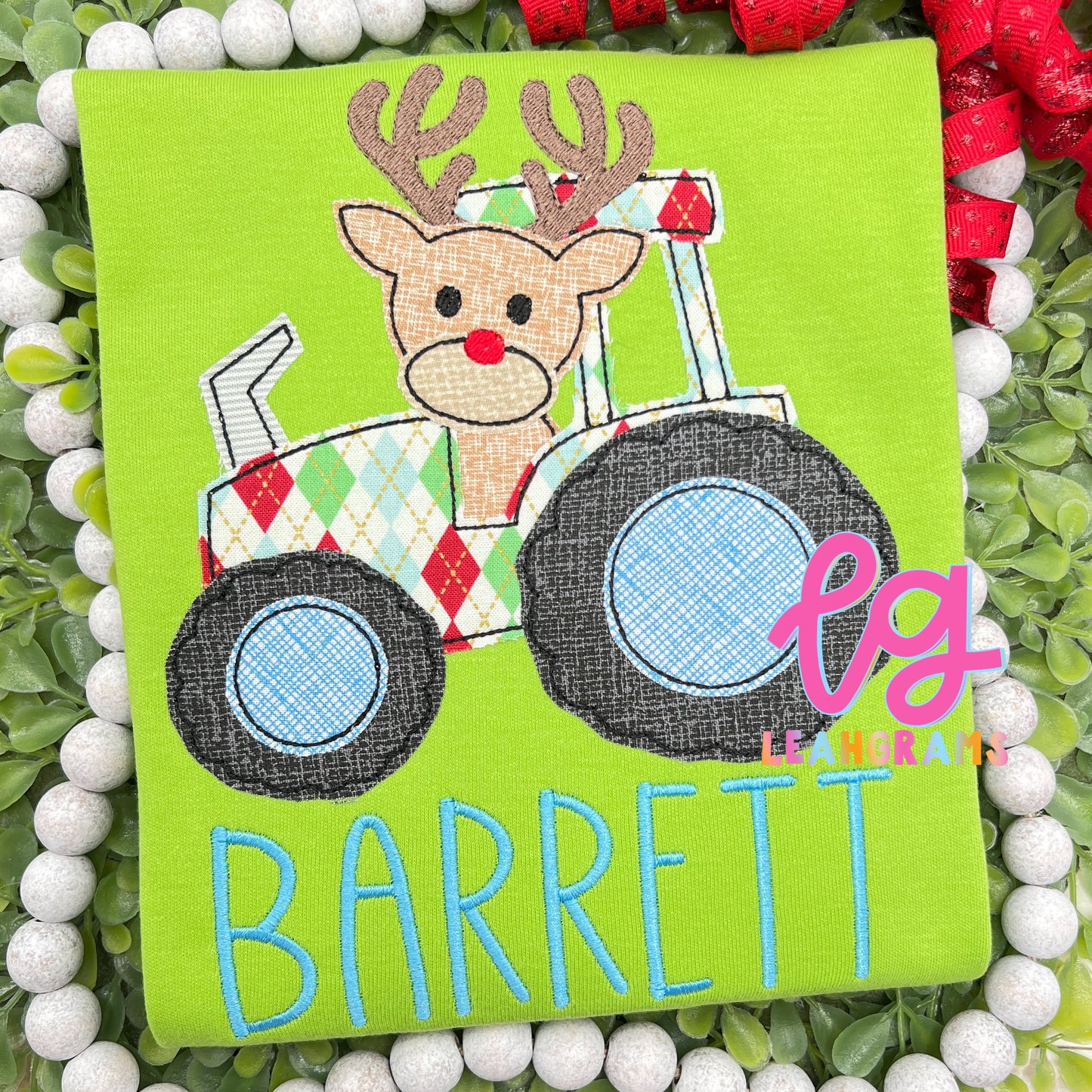 Reindeer-Driven Tractor Applique Shirt