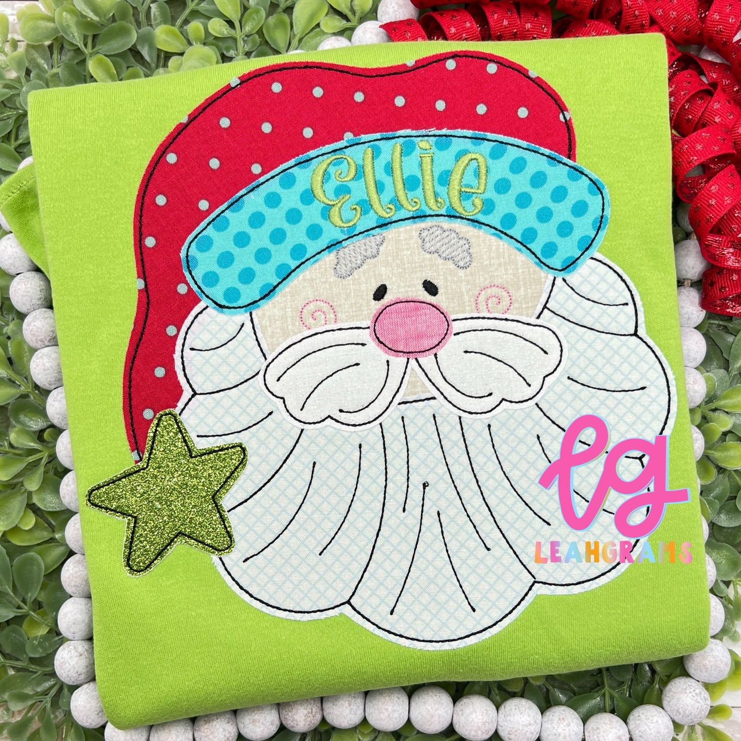 Rosy-Cheeked Santa with Name Applique Shirt
