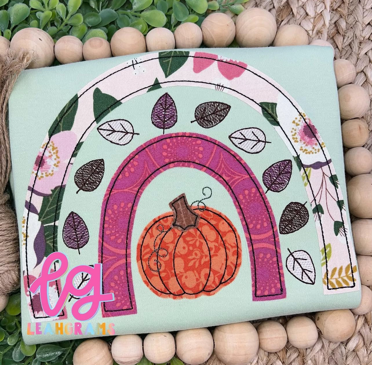 Fall Rainbow with Pumpkin and Leaves Appliqué Shirt