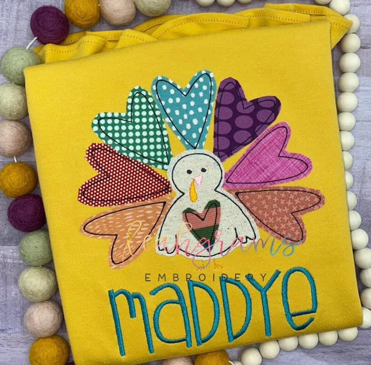 Heart Feather Turkey with Name Appliqué Shirt