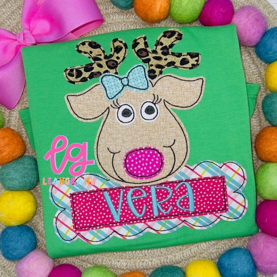 Ribbon Name Reindeer Applique Shirt - Girl