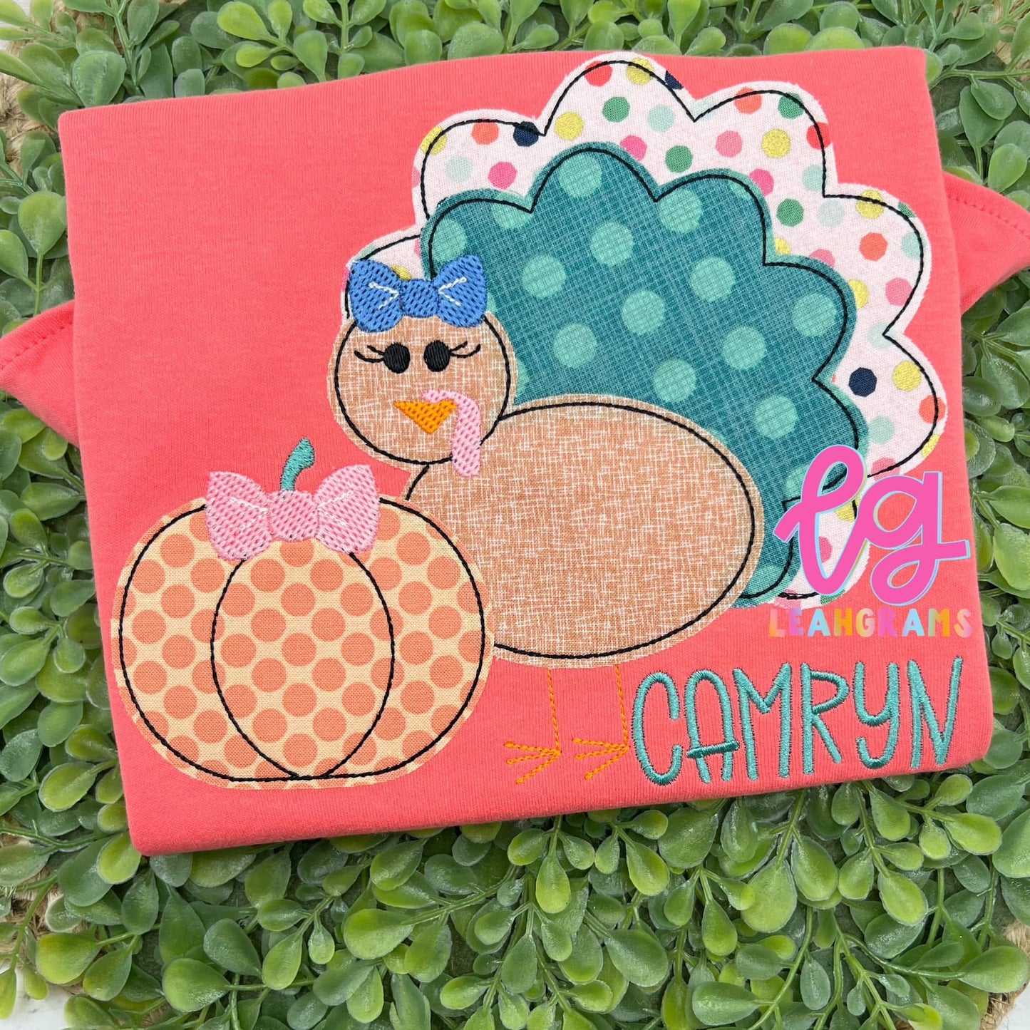 Pumpkin and Turkey with bows Name appliqué Shirt