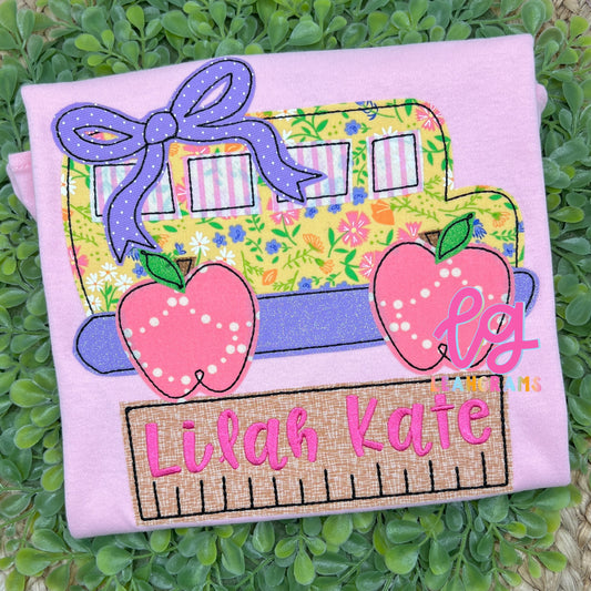 Apple Wheel School Bus with Ruler Name Shirt - Girl