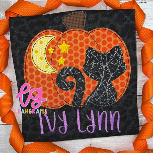 Jack-o’-lantern Halloween Scene Appliqué Name Shirt