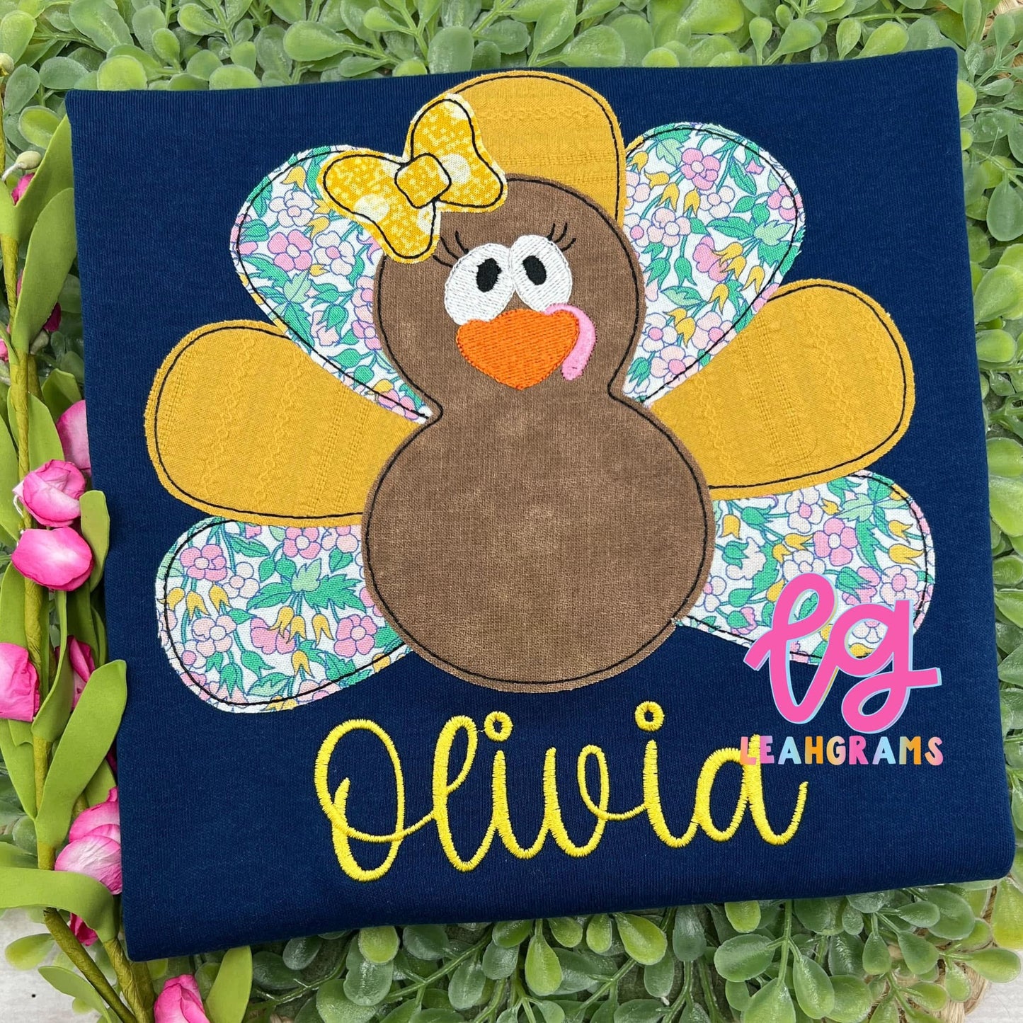 Simple turkey wearing bow with name Applique shirt - Girl