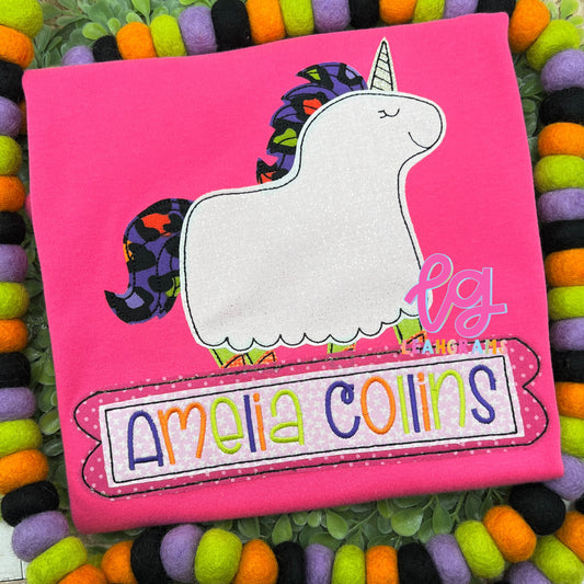 Halloween Unicorn Ghost Appliqué Name Shirt