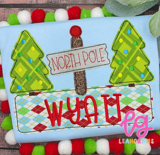North Pole Sign with Name Applique Shirt