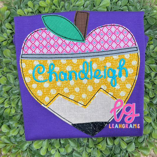 Heart Shaped Pencil Apple Applique Name Shirt