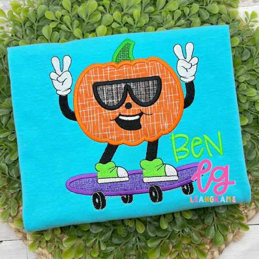 Cool Skateboarding Pumpkin with Name Appliqué Shirt