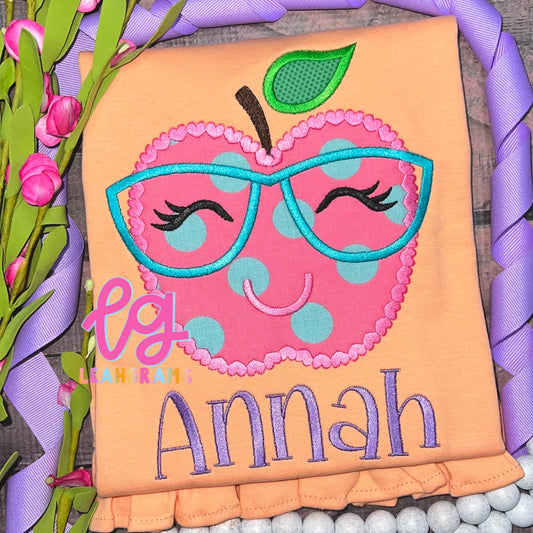 Cute Heart Lined Apple with Glasses Appliqué Name Shirt