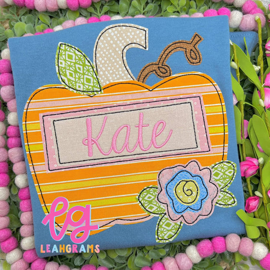Floral Pumpkin with Ribbon Name Appliqué Shirt