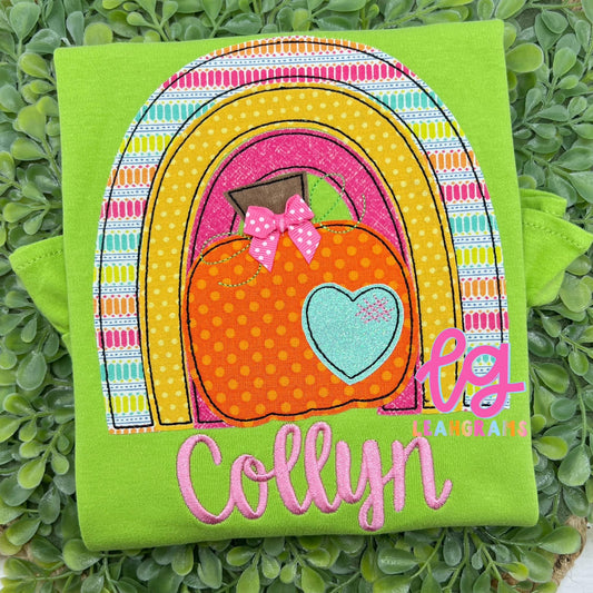 Rainbow and Pumpkin wearing bow with name Appliqué Shirt