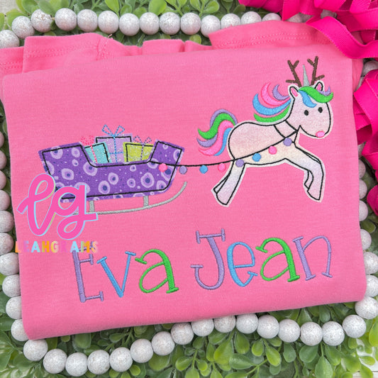 Unicorn-Pulled Sleigh with Name Applique Shirt