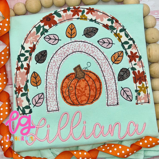 Fall Rainbow with Pumpkin and Leaves Appliqué Shirt