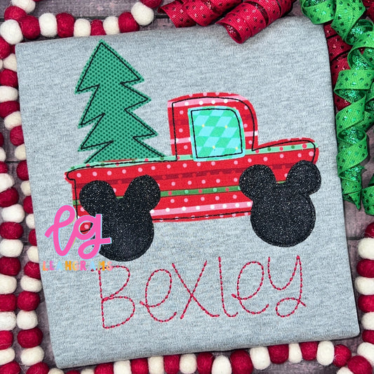 Mickey Mouse Truck Haulin’ a Christmas Tree Applique Shirt
