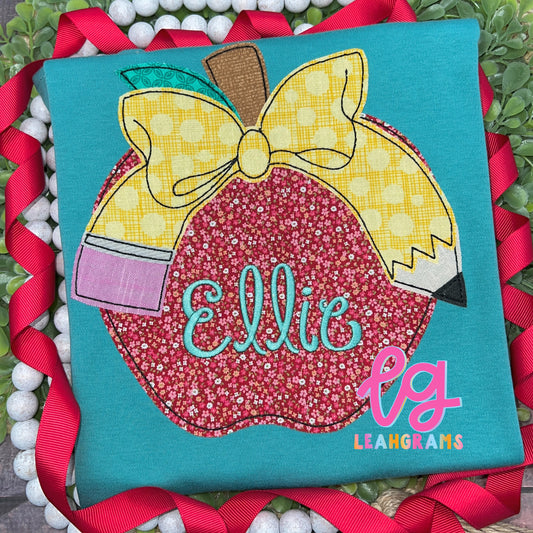 Apple with Pencil Bow Applique Name Shirt