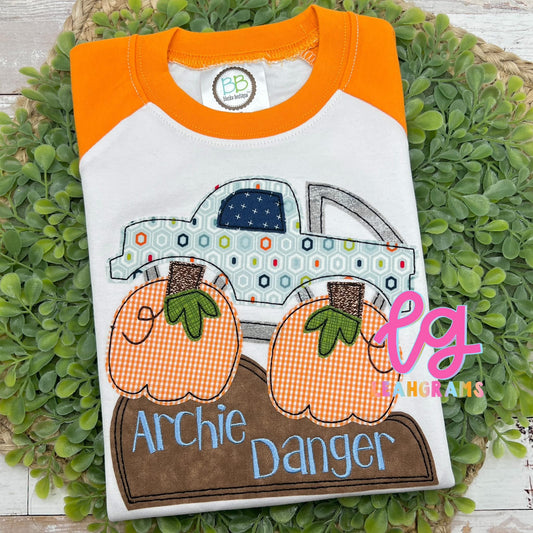 Pumpkin Wheel Monster Truck with Name Applique Shirt