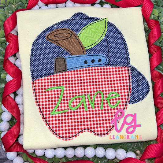 Backwards Hat wearing Apple Applique Name Shirt